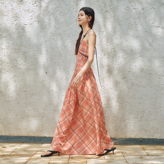 V-neck color-blocked beaded halter-neck belted dress