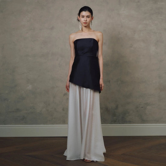 Strapless spliced light evening dress