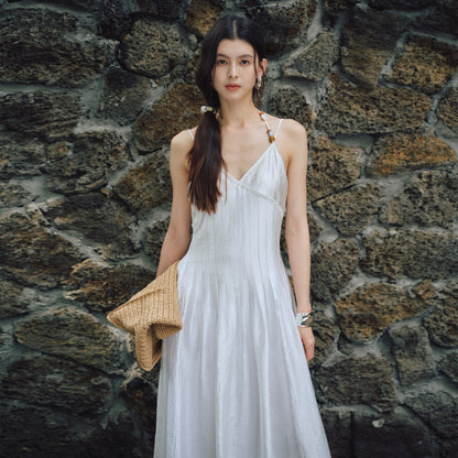 V-neck color-blocked beaded halter-neck belted dress