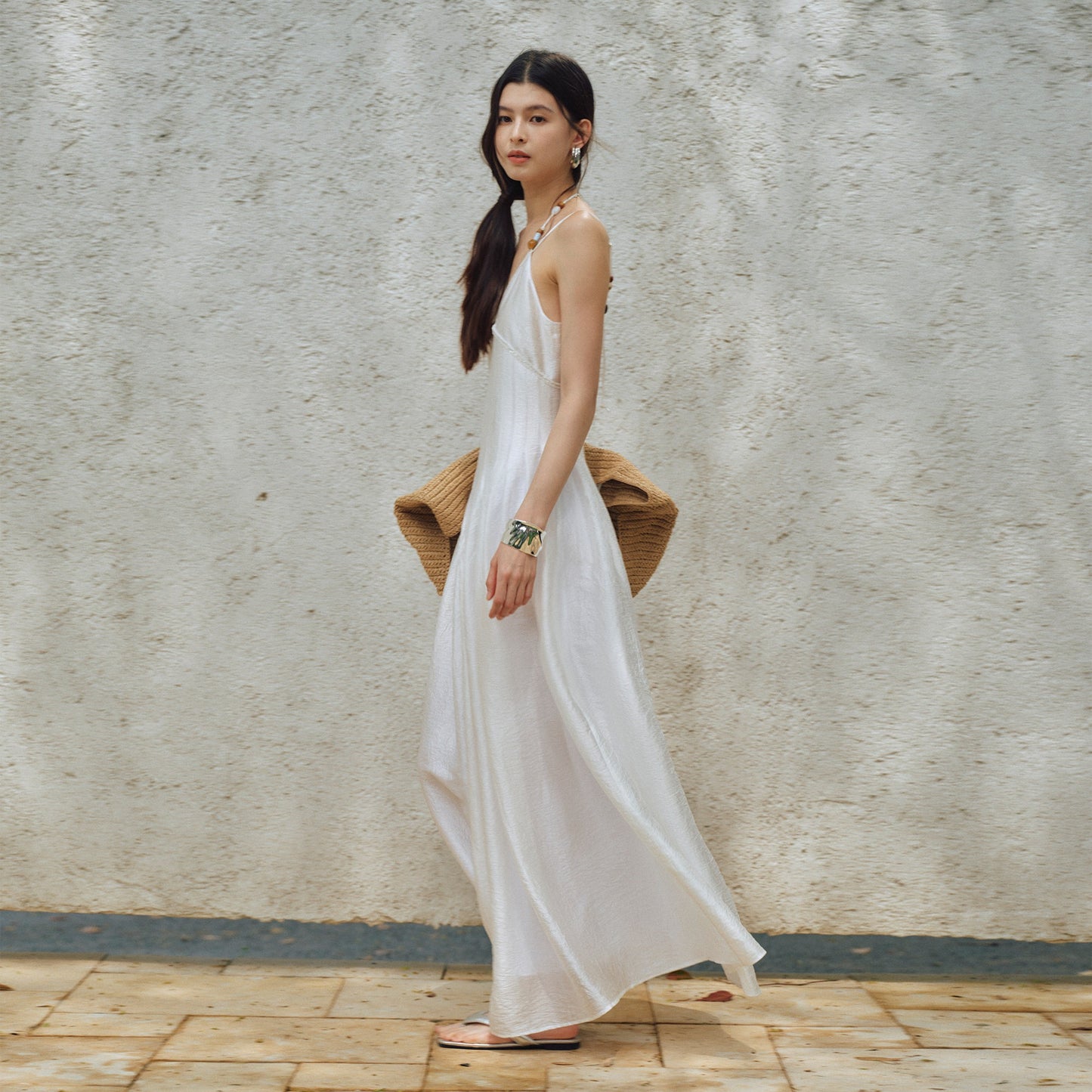 V-neck color-blocked beaded halter-neck belted dress