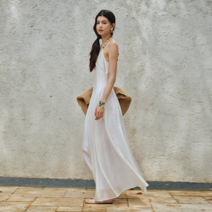V-neck color-blocked beaded halter-neck belted dress